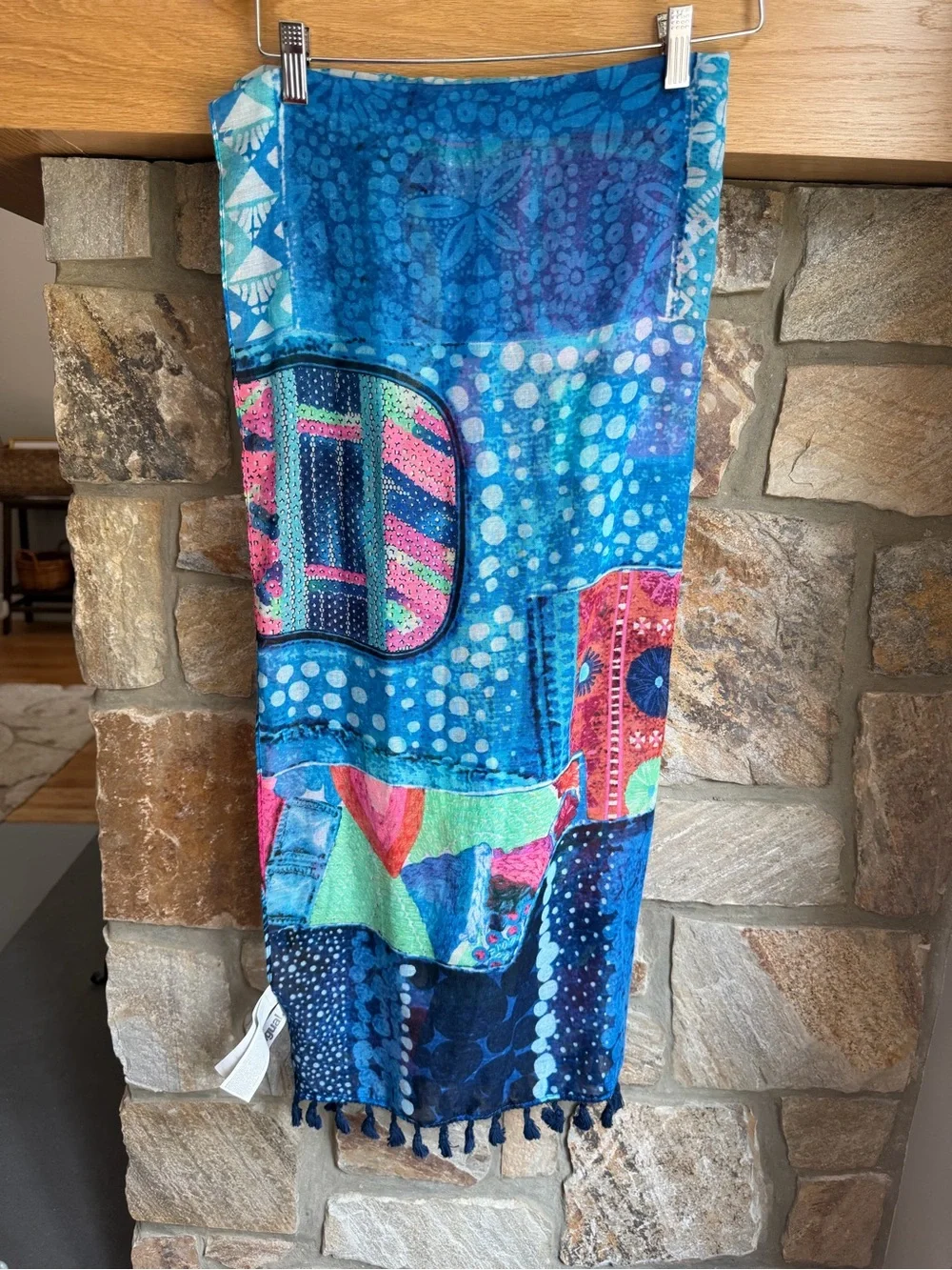 Desigual Blue Patchwork Tassel Scarf | Lightweight Colorful Wrap Shawl